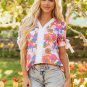 White Floral Colorblock Striped Edge V Neck Knotted Short Sleeve Blouse