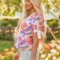 White Floral Colorblock Striped Edge V Neck Knotted Short Sleeve Blouse