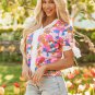 White Floral Colorblock Striped Edge V Neck Knotted Short Sleeve Blouse