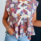 Rose Green Floral Print Bow Applique Slit Sleeveless Peplum Blouse