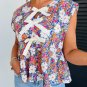 Rose Green Floral Print Bow Applique Slit Sleeveless Peplum Blouse