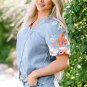 Beau Blue Floral Embroidered Puff Sleeve Split Neck Blouse