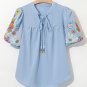 Beau Blue Floral Embroidered Puff Sleeve Split Neck Blouse