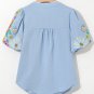 Beau Blue Floral Embroidered Puff Sleeve Split Neck Blouse