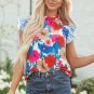 Sky Blue Floral Mock Neck Striped Flutter Sleeve Blouse