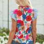 Sky Blue Floral Mock Neck Striped Flutter Sleeve Blouse