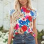 Sky Blue Floral Mock Neck Striped Flutter Sleeve Blouse
