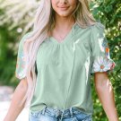 Clearly Aqua Floral Embroidered Puff Sleeve Split Neck Blouse