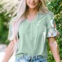 Clearly Aqua Floral Embroidered Puff Sleeve Split Neck Blouse