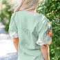 Clearly Aqua Floral Embroidered Puff Sleeve Split Neck Blouse