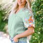 Clearly Aqua Floral Embroidered Puff Sleeve Split Neck Blouse