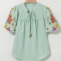 Clearly Aqua Floral Embroidered Puff Sleeve Split Neck Blouse