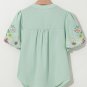 Clearly Aqua Floral Embroidered Puff Sleeve Split Neck Blouse