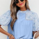 Beau Blue Lace Insert Floral Puff Sleeve Patchwork Loose Blouse