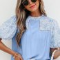 Beau Blue Lace Insert Floral Puff Sleeve Patchwork Loose Blouse