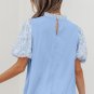 Beau Blue Lace Insert Floral Puff Sleeve Patchwork Loose Blouse
