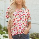 Red Floral Print Striped Patchwork Collared Short Sleeve Blouse