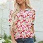 Red Floral Print Striped Patchwork Collared Short Sleeve Blouse