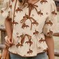 Apricot Cowboy Print Puff Sleeve Bowknot Peplum Blouse