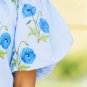 Sky Blue Floral Print Tie Split Neck Short Puff Sleeve Blouse