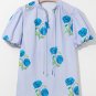 Sky Blue Floral Print Tie Split Neck Short Puff Sleeve Blouse