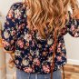 Blue Floral Short Sleeve Scoop Neck Casual Blouse