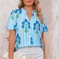 Sky Blue Stripe Floral Buttoned Frilly Notched Neck Puff Sleeve Summer Blouse
