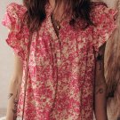 Rose Allover Printed Half Button Neck Ruffle Sleeve Blouse