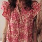 Rose Allover Printed Half Button Neck Ruffle Sleeve Blouse