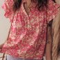 Rose Allover Printed Half Button Neck Ruffle Sleeve Blouse
