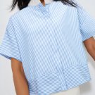 Sky Blue Stripe Contrast Collar Patchwork Hidden Button Short Sleeve Shirt