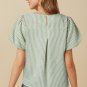 Green Stripe Textured Round Neck Short Puff Sleeve Blouse