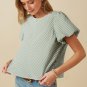 Green Stripe Textured Round Neck Short Puff Sleeve Blouse