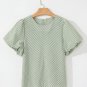 Green Stripe Textured Round Neck Short Puff Sleeve Blouse
