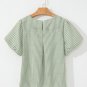 Green Stripe Textured Round Neck Short Puff Sleeve Blouse