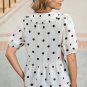 White Polka Dot Collared Lace up Font Puff Sleeve Peplum Top