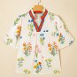 White Floral Short Puff Sleeve Contrast V Neck Print Blouse