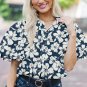 Blue Floral Short Puff Sleeve Summer Shirt