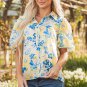 Blue Floral Striped Mixed Print Puff Short Sleeve Blouse