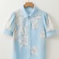 Sky Blue Floral Ric Rac Edge Puff Sleeve Button Up Summer Shirt