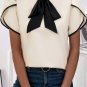 White Bow Knot Neckline Contrast Stripe Short Sleeve Blouse