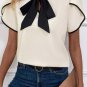 White Bow Knot Neckline Contrast Stripe Short Sleeve Blouse