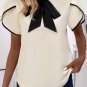 White Bow Knot Neckline Contrast Stripe Short Sleeve Blouse