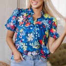 Blue Flower Print Collared V Neck Puff Short Sleeve Loose Blouse