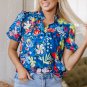 Blue Flower Print Collared V Neck Puff Short Sleeve Loose Blouse