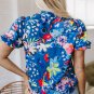 Blue Flower Print Collared V Neck Puff Short Sleeve Loose Blouse