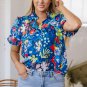 Blue Flower Print Collared V Neck Puff Short Sleeve Loose Blouse