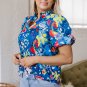 Blue Flower Print Collared V Neck Puff Short Sleeve Loose Blouse