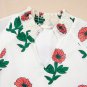 Beige Floral Print Shirred Split Neck Short Sleeve Blouse