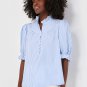 Sky Blue Stripe Ruffled Collar Puff Sleeve Half Buttons Blouse